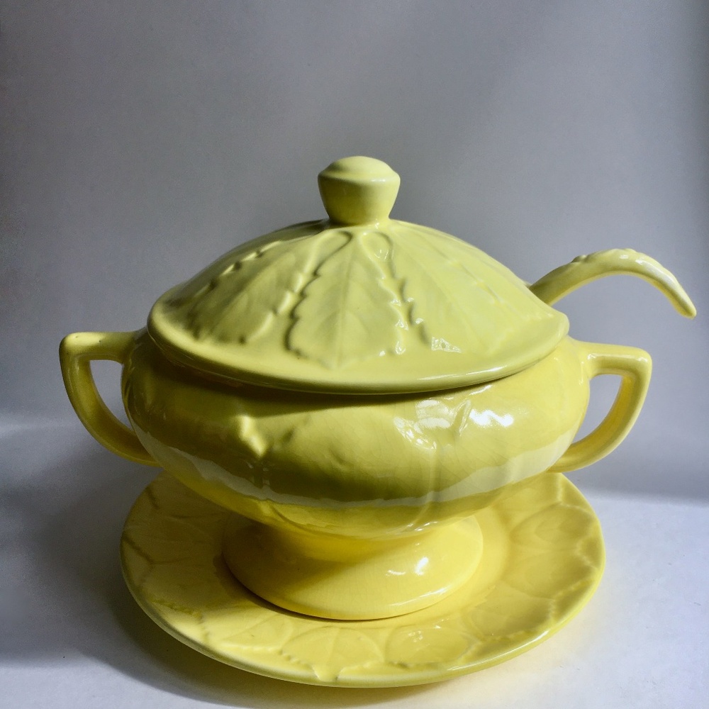 Circa 1970 Maurice Ceramics Glazed Yellow "Leaf" Soup Tureen & Ladle